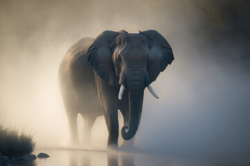 Fototapeta na wymiar Elephant in the mist, morning misty wildlife safari, generative ai