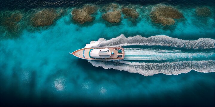 Aerial view of boat in blue lagoon, generative ai.