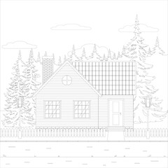 Schematic representation of a village house next to a forest.