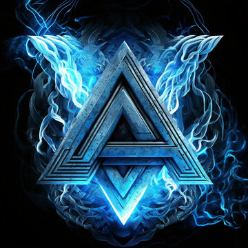 Symbole viking en 3D. Objet nordique enchant&eacute;, rune de protection au combat. Energie bleue et fond noir. Ic&ocirc;ne d&eacute;taill&eacute;e. IA g&eacute;n&eacute;rative