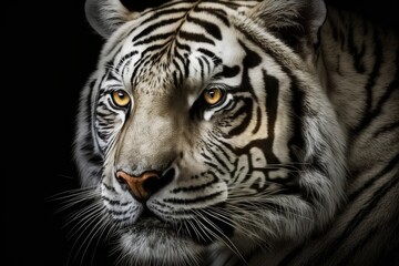 a white tiger's face on a black ground. Generative AI