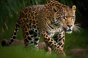 A full grown jaguar prowling the grass. Generative AI