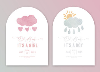 Cute baby shower watercolor invitation card for baby and kids new born celebration. Its a girl, Its a boy card with pink and grey clouds, sun and hearts.