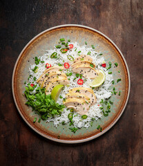 Poached chicken with basmati rice