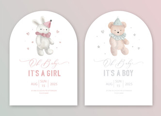 Cute baby shower watercolor invitation card for baby and kids new born celebration. Its a girl, Its a boy card with plush toy on the moon and cloud.