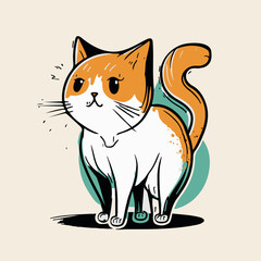 Adorable fun cartoon cat. Happy illustration of kitty. Fun vector art doodle. Card for children. Isolated hand drawn sketch of kawaii kitty. Cheerful of playful pet. Painting of kitten. Design animal.