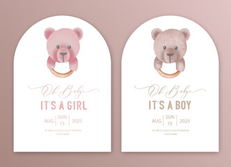 Cute baby shower watercolor invitation card for baby and kids new born celebration. Its a girl, Its a boy card with plush toy, rodents and rattles.