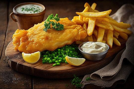 Traditional Fish and Chips with tartar sauce and lemon wedge served on a wooden trencher, studio photography type setup using generated AI.