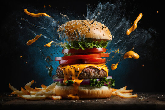 Cheeseburger coming together in an exciting way in a styled food photoshoot created with generated AI