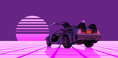 Retro futuristic car against purple sky with striped sun on a grid neon surface. Cyberpunk concept. Synthwave poster. Retro future wallpaper. Vector illustration. EPS 10. - obrazy, fototapety, plakaty