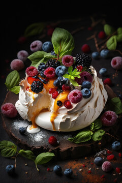 Beautiful Pavlova with berries presented in a generated styled food photoshoot. 
