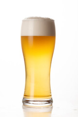 Glass of light beer isolated on white background, foam, bubbles, close-up