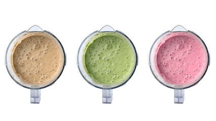 Set of colorful smoothies and shakes from healthy vegetables and fruits, foam, top view, isolated on white