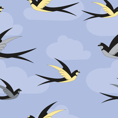Seamless pattern with birds. Swallows on a blue sky background.