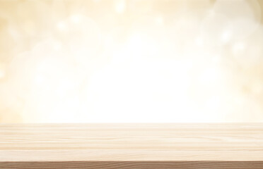 Wood table top  floor podium golden glowlight glitter blurred background.luxury beauty cosmetic...