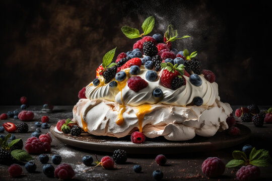Beautiful Pavlova with berries presented in a generated styled food photoshoot. 