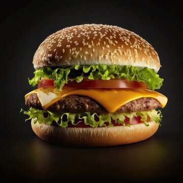 A succulent burger, with crispy bacon, melted cheese, and juicy tomato and lettuce. The dark background accentuates the burger's vibrant colors and textures. AI