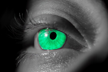Human colorful iris eye. Pupil in macro on black background