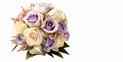 Beautiful Bouquet of white and Purple Roses, with ornaments and leaves. Isolated on white background with copy space. Used for invitations, wedding and greeting cards. Illustrative generative AI.