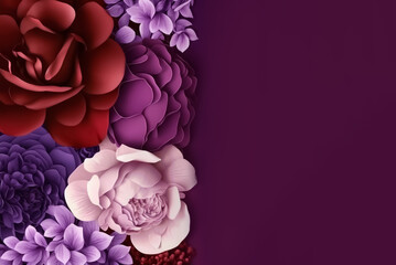 Beautiful Floral arrangement of  on dark purple background, with copy space. perfect for greeting cards, weddings and wallpaper. Illustrative Generative Ai.  