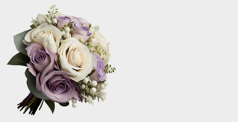 Beautiful Bouquet of white and Purple Roses, with ornaments and leaves. Isolated on white background with copy space. Used for invitations, wedding and greeting cards. Illustrative generative AI.