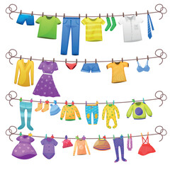 Vector illustration clean washed children's clothes are dried on a line, washed men's and women's clothes are dried, set illustration, colorful clothes 