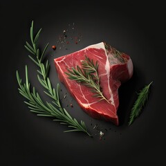 A raw beef steak with marbled patterns, garnished with a fresh sprig of rosemary, creating a visually appealing and appetizing dish. AI