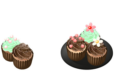 黒い皿に乗ったカップケーキ5種 チョコミント 白背景 色違い・差分あり イラスト素材