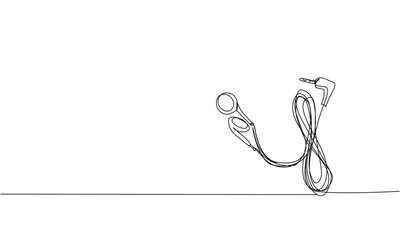 Earphones one line art. Continuous line drawing of music, headphone, headset, portable, sound, audio, hear, dj, listen, listening, ear, electronic, mobile, relax, radio Hand drawn vector illustration