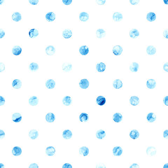 Seamless watercolor pattern. Cute ornament in polka dot style. Blue watercolor stains on a white background. Vector illustration.