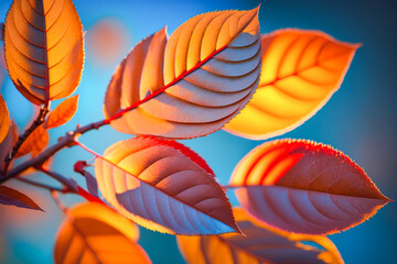 Fototapeta premium Autumn Leaves background: A beautiful display of autumn leaves with shades of red, orange, and yellow, set against a bright blue sky. The leaves are in crisp focus and the lighting is warm and invitin