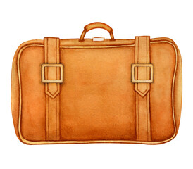 Watercolor illustration of a red suitcase. An accessory for trips, vacations. Done manually.