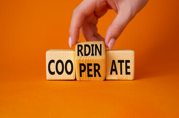 Cooperate and Coordinate symbol. Businessman hand turns wooden cubes and changes the word Cooperate to Coordinate. Beautiful orange background. Business concept. Copy space