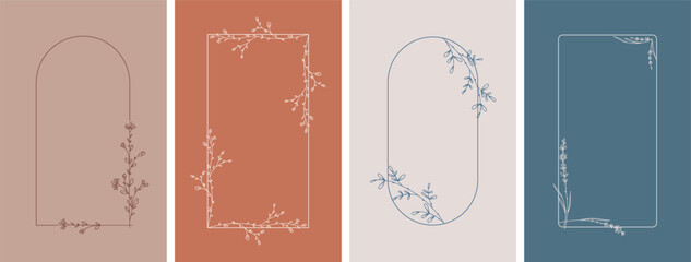 Elegant frames with hand drawn flowers and leaves, design templates in line style. Vector backgrounds for wedding invitations, greeting cards, social media stories, label, corporate identity