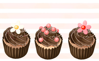 カップケーキ3種 チョコレートクリーム コピースペース有 ストライプ背景 イラスト素材 色違い・差分あり