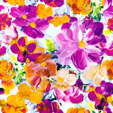 Seamless pattern of abstract painting pink and yellow flowers, original hand drawn, impressionism style, color texture, brush strokes of paint,  art background.