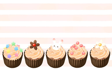 カップケーキ5種 オレンジクリーム コピースペース有 ストライプ背景 イラスト素材 色違い・差分あり