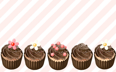 カップケーキ5種 チョコレートクリーム コピースペース有 ストライプ背景 イラスト素材 色違い・差分あり