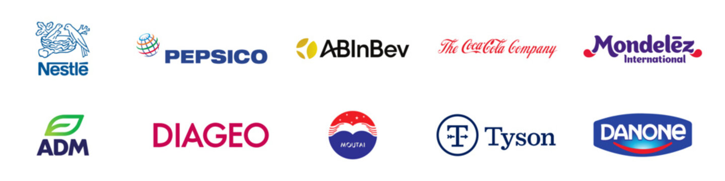Food company logos. The most popular food brands in the world. Top 10. Nestle, PepsiCo, Anheuser-Busch, Coca-Cola, Mondelez International. VINNITSA, UKRAINE - MARCH 10, 2022