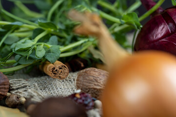 nutmeg and other spices mixed on the table