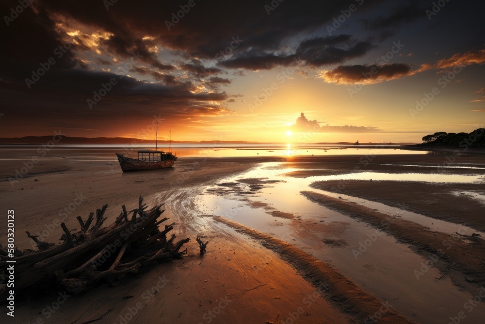 Wall mural after a tropical storm, the sun rises over a bay on nosy be, in northern madagascar. at low tide, sh