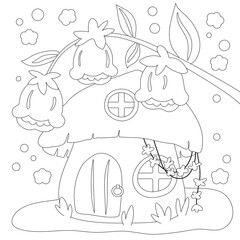 Elf's house coloring page. bluebells, 
mushroom house
