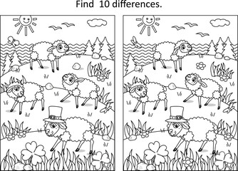 Obraz premium Sheep on pasture in St. Patrick's Day difference game 