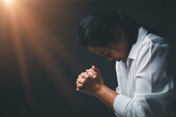 Christian catholic life crisis prayer to god. Woman pray to god for blessing to wishing have a better life. Person hands praying to god. Begging for forgiveness and believe in goodness.Female worship - obrazy, fototapety, plakaty