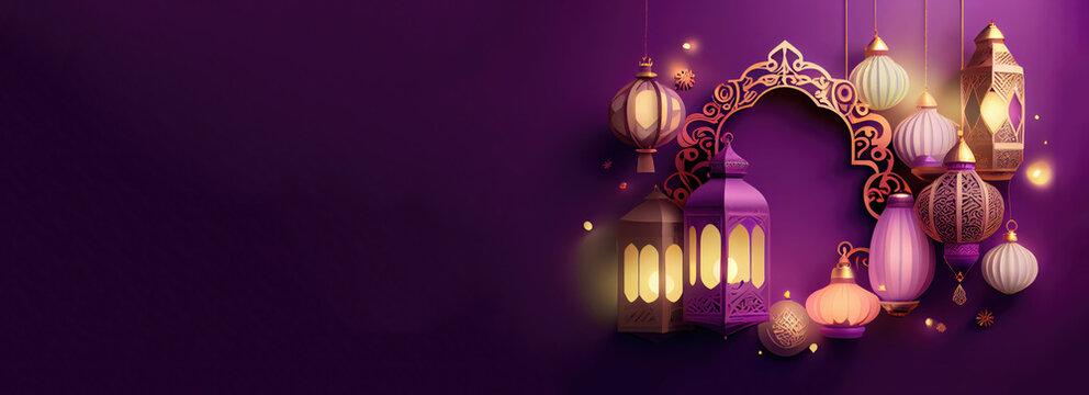 Lantern Ramadan Islamic , Eid Mubarak Banner With Generative AI