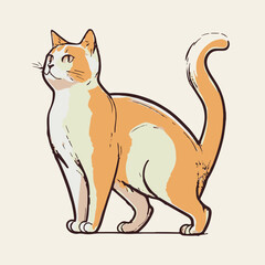 Adorable fun cartoon cat. Happy illustration of kitty. Fun vector art doodle. Card for children. Isolated hand drawn sketch of kawaii kitty. Cheerful of playful pet. Painting of kitten. Design animal.