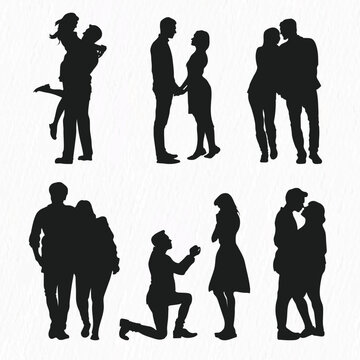 Vector silhouettes set of romantic couple hugging, kissing, walking, making love isolated on white background