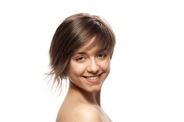 Obraz premium Beautiful girl fashion portrait. Smiling with wavy hair. .