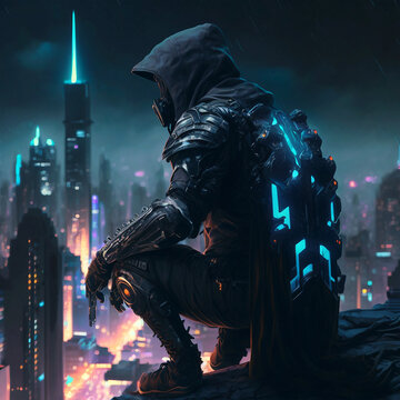 Assassin cyborg en capuche, assis sur un toit de ville futuriste. Equipement robotique et armure technologique noire et bleue. IA g&eacute;n&eacute;rative.