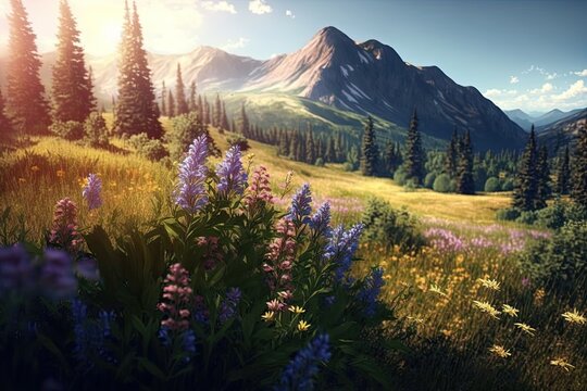 A sunny mountain meadow. a scene from nature in the summer. Generative AI